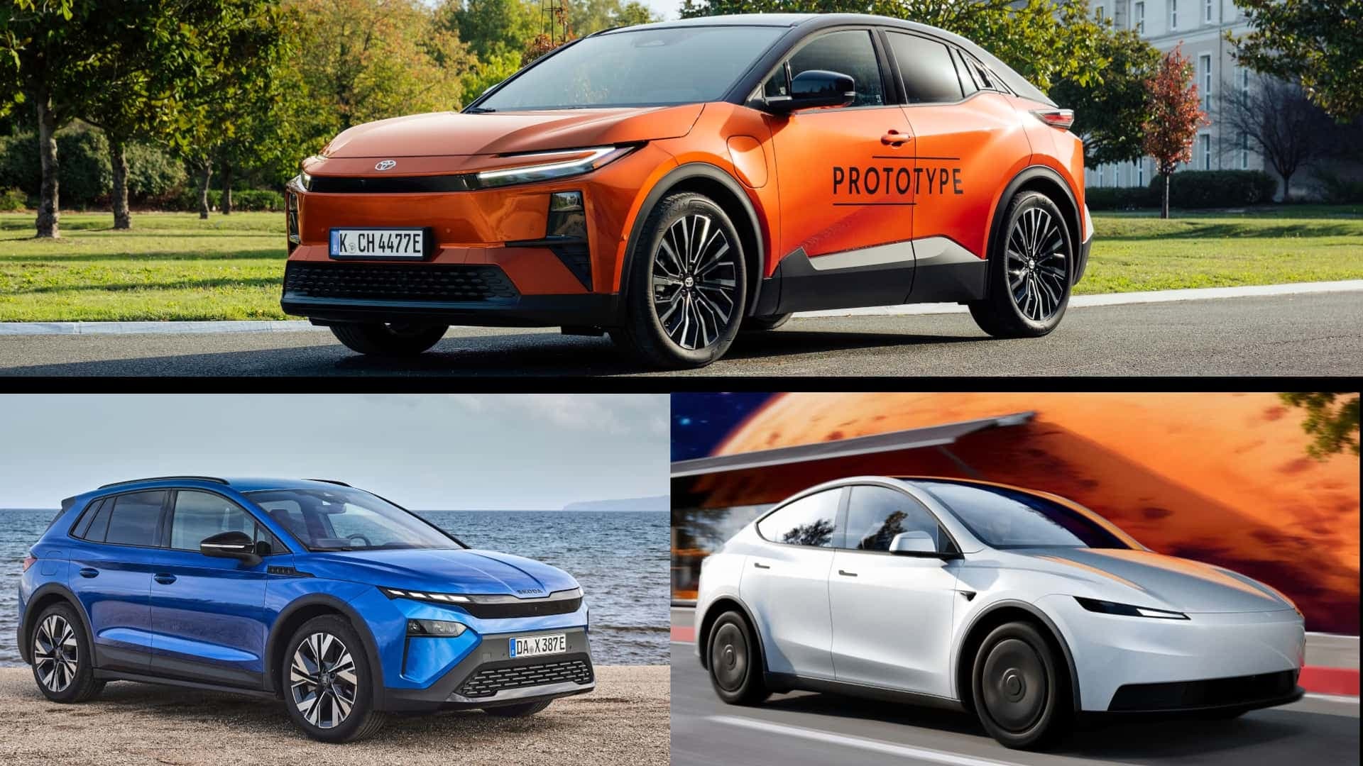 Collage: Toyota C-HR+ mit Konkurrenten Skoda Elroq und Tesla Model Y Collage: Toyota C-HR+ mit Konkurrenten Skoda Elroq und Tesla Model Y